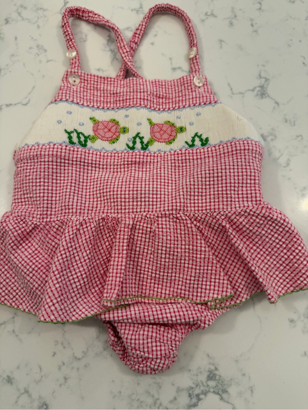 Pink Checkered Girls' Smocked One-Piece Sunsuit with Floral Embroidery